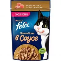 Фото акции Felix Sensations. Корм консервированный полнорационный для взрослых кошек, с индейкой в соусе со вкусом бекона, 75 г
