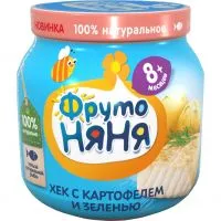 Фото акции ФрутоНяня 100г. Пюре из хека с картофелем и зеленью для питания детей раннего возраста «Хек с овощным рагу»