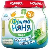 Фото акции ФрутоНяня 80г. Пюре из капусты брокколи, кабачков и цветной капусты «мой первый салатик»