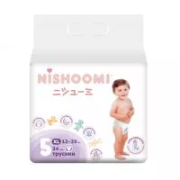 Фото акции Изделия санитарно-гигиенические для ухода за детьми Nishoomi подгузники-трусики детские одноразовые. Размер «Макси» (XL (5)), для де тей весом 12-20 кг, 34 штуки в уп.