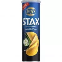 Фото акции Картофельные чипсы Lay's Stax со вкусом Нежная Сметана и лук 140г