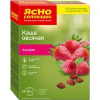 Фото акции Каша овсяная Ясно солнышко Ассорти с клубникой, малиной, изюмом 6 пак.*45 г