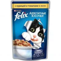 Фото акции Корм для кошек Felix Аппетитные кусочки с курицей и томатами в желе 85 г