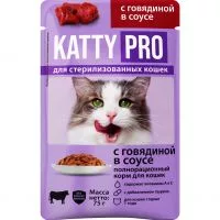 Фото акции Корм KATTY PRO С Говядиной в соусе для стерилизованных кошек консервированный полнорационный пауч-пакет 75г