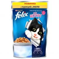 Фото акции Корм консервированный полнорационный Felix Аппетитные Кусочки, для котят, с курицей в желе, 85г