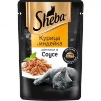 Фото акции Корм консервированный полнорационный SHEBA для взрослых кошек с курицей и индейкой «Ломтики в соусе. Курица и индейка», 75г