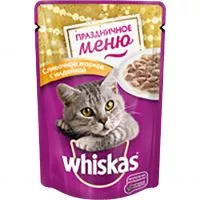 Фото акции Корм консервированный полнорационный Whiskas для взрослых кошек с индейкой в соусе Праздничное меню Сливочное жаркое с индейкой, 85г