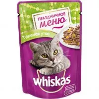 Фото акции Корм консервированный полнорационный Whiskas для взрослых кошек с уткой в желе Праздничное меню Тушеная утка, 85г