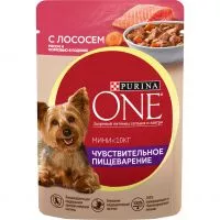Фото акции Корм консерв.полнорац.Purina ONE МИНИ Чувств.Пищевар.д/взр.собак мелк.пор.с чувств.пищевар.с лососем, рисом и морковью в подливе 85г