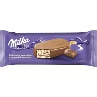 Фото акции MILKA БЗМЖ Мороженое эскимо сливочное ванильное с шоколадным соусом, покрытое молочным шоколадом MILKA МДЖ 8%, 62 г