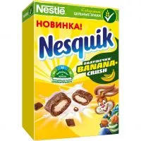 Фото акции Nesquik BananaCrush. Злаковые подушечки с начинкой со вкусом банана, обогащенные витаминами и минеральными веществами 220 г