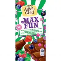 Фото акции Шоколад молочный Alpen Gold Альпен Гольд Максфан с фр-яг.кус.со вк.клубн, мал, черн, чер.смор,шип.рис.шар.,кус.кар., взрывн.карам.
