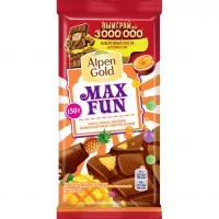 Фото акции Шоколад молочный Alpen Gold Альпен Гольд Максфан с фрукт.кусоч.со вкусом манго, ананаса, маракуйи, с шипучими рисовыми шар.150г
